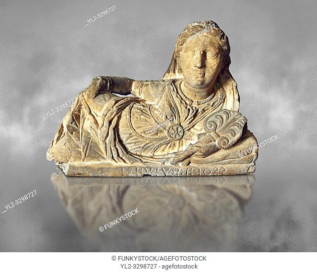 Etruscan sculpted Hellenistic style cinerary, funreary, urn cover with a women , National Archaeological Museum Florence, Italy , grey art background