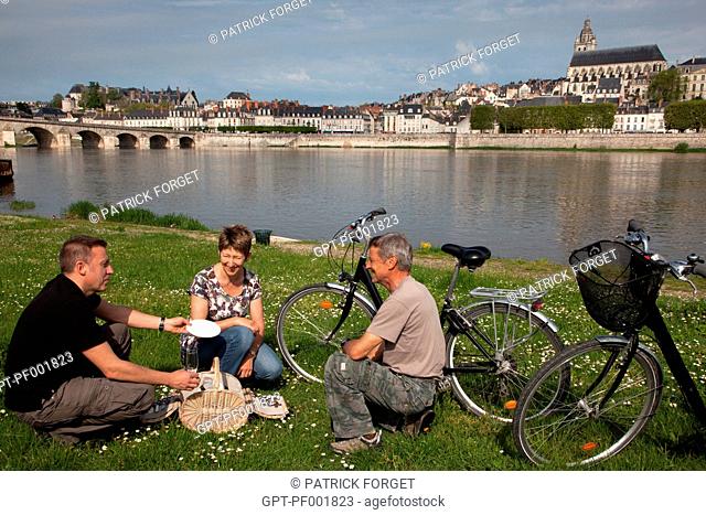GROUP OF FRIENDS PICNICKING ON THE BANKS OF THE LOIRE IN FRONT OF THE CATHEDRAL SAINT-LOUIS, BLOIS, LOIR-ET-CHER 41, FRANCE