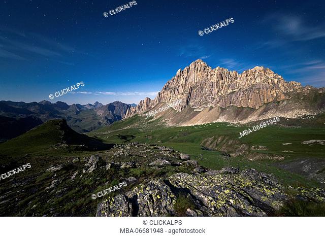 Italy, Piedmont, Cuneo District, Maira Valley - the moonlight on Rocca La Meja