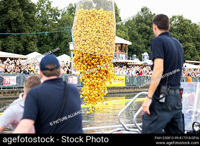 12 August 2023, Lower Saxony, Hanover: Yellow rubber ducks are released through a net onto the race course on the north shore of Lake Maschsee during the...