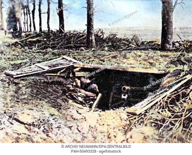 The contemporary colorized German propaganda photo shows a German artillery field canon in a camouflaged position at the front in 1915 / 1916