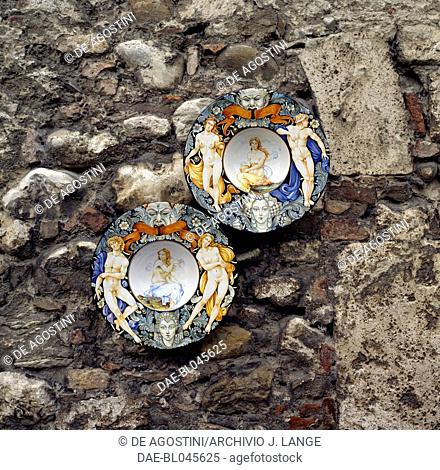 Venus and Adonis, decorations on ceramic plates, Ascoli Piceno, Marche, Italy