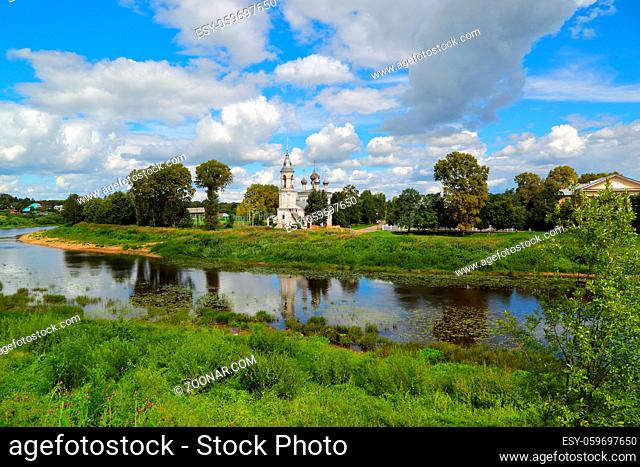 Landscape with a church on the river bank in the Vologda city, Russia