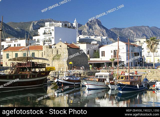 Girne (Kyrenia) Harbour, with the Besparmak Mountains behind, North Cyprus