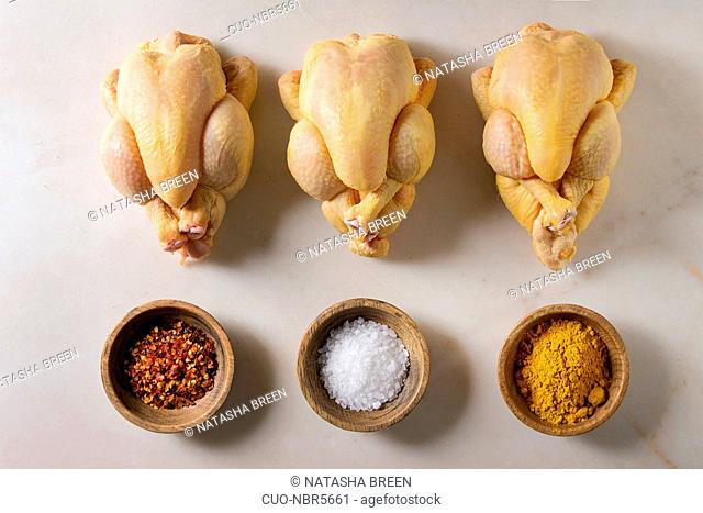 Three raw organic uncooked whole yellow corn mini chicken in row with salt, turmeric powder, red hot chili pepper in bowls over marble background