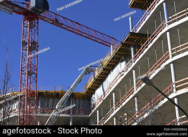Large construction site of a commercial property, building materials, large construction site, shell, construction industry, new building