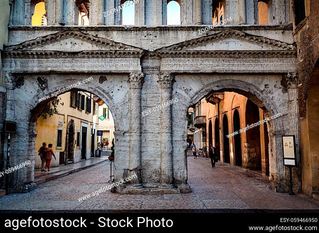 Ancient Roman Gate Porta Borsari in Verona, Veneto, Italy