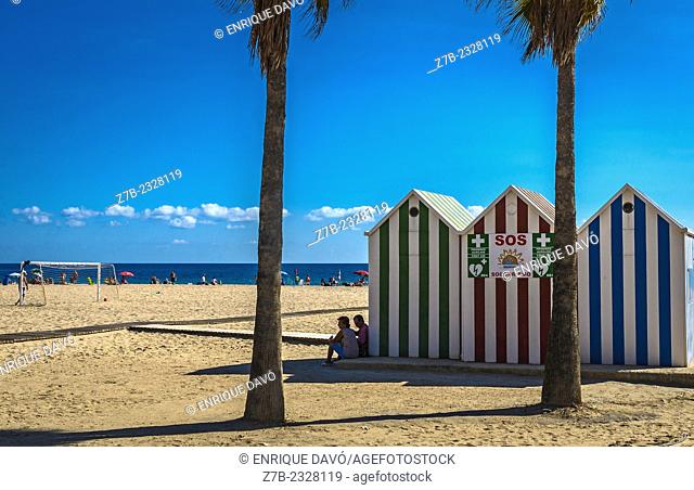 Vision of three cabins in Benidorm beah, Alicante province, Spain