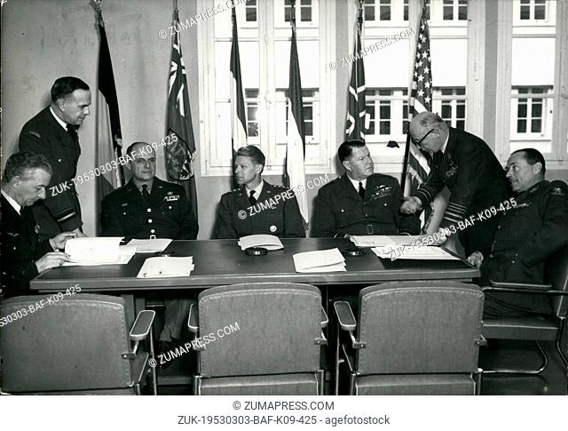Mar. 03, 1953 - General Ridgway presides at Fontainbleau air conference: from left to right: General Charles Lecheres (France); Air Vice-Marshal Miller...