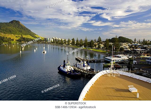Ships at a harbor with a mountain in the background, Pilot Bay, Mount Maunganui, Tauranga, North Island, New Zealand