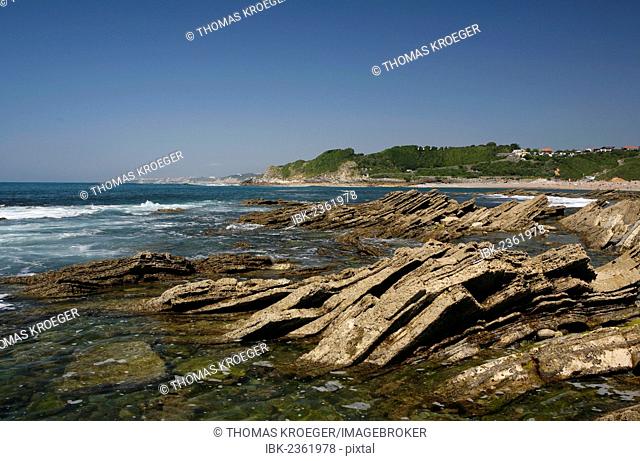 Rock formations on the rocky coast, Atlantic coast near Saint-Jean-de-Luz, Donibane Lohizune in Basque, Aquitaine region, department of Pyrénées-Atlantiques