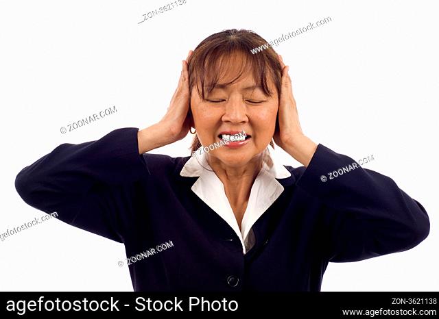 Asian business woman hear no evil isolated over white background