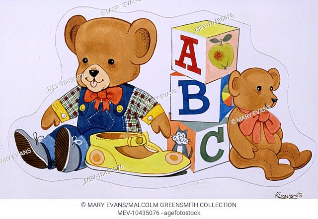 Two toy teddy bears, a pile of A, B, C alphabet blocks and a solitary yellow child's shoe