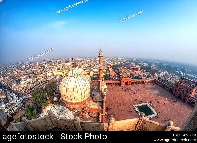 the view of Jama Masjid mosque and the city of new delhi taken from top of the mosque minaret. New Delhi, India