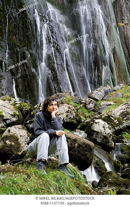 Young woman outdoor  Ason river source  Collados del Ason Natural Park  Cantabria, Spain, Europe