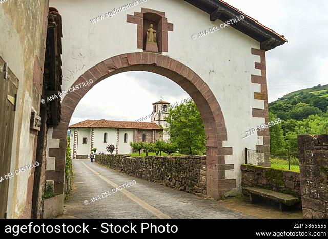 Amaiur village in Baztan Valley, Navarre, Northern Spain. The arch entrance of the old village