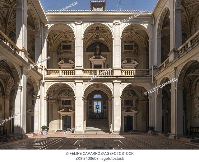 Viso del Marques, SPAIN - September 28, 2019: Access to the courtyard of General Archive of the Navy in the palace of the Marquis of Santa Cruz is a building...