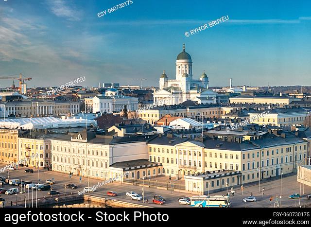 Helsinki, Finland. Aerial View Street With Presidential Palace And Helsinki Cathedral In Winter Day. View From Height