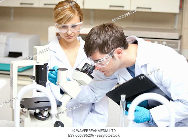 Two scientists observing something with a microscope in their laboratory