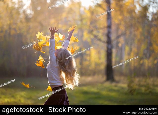 A girl in the autumn park scatters maple leaves. A child on a walk in the fall