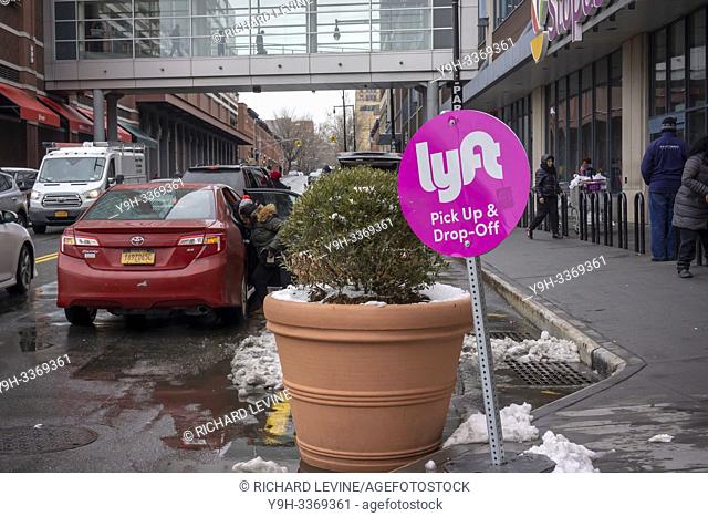 Parking in front of the Atlantic Terminal Mall in Downtown Brooklyn in New York is designated as a Lyft pick-up and drop-off location, seen on Saturday, March 2