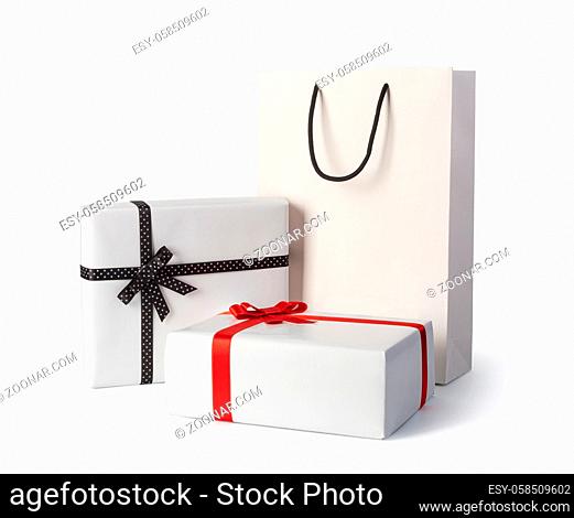 white paper bag and present paper box on a white background