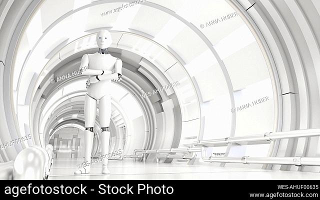 Three dimensional render of android standing with crossed arms in white bright corridor
