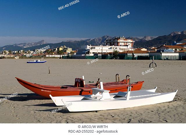 Lifeboats at beach Lido di Camaiore Camaiore Tuscany Italy