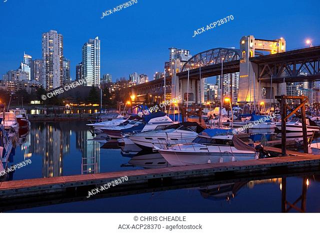 Vancouver, British Columbia, Canada, marina and Burrard Street Bridge at twilight