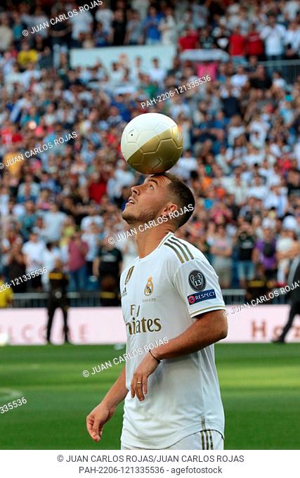 Madrid, Spain; 13/062019. Eden Hazard new Real Madrid player, is presented by Florentino Perez, president of the club at the Santiago Bernabeu Stadium