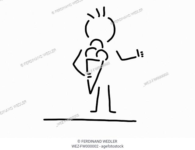 Child with ice cream cone, thumbs up, line drawing, black and white