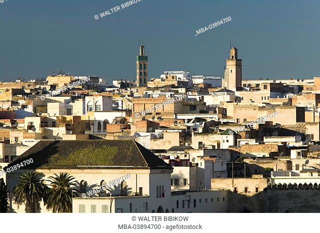 Morocco, Meknes, city view, Medina, city, Old Town, district, houses, buildings, towers, minaret, heaven, palms, outside, deserted, UNESCO-Weltkulturerbe