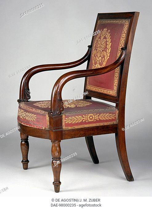 Restoration style mahogany armchair upholstered in red wool and gold, from the hall set, stamped Jacob Desmalter, which belonged to Louis Philippe