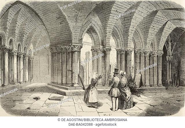 Cloister of Saint-Vincent abbey, Nieul-sur-L'Autise, France, from a drawing by Octave de Rochebrune, illustration from L'Illustration, Journal Universel, No 516