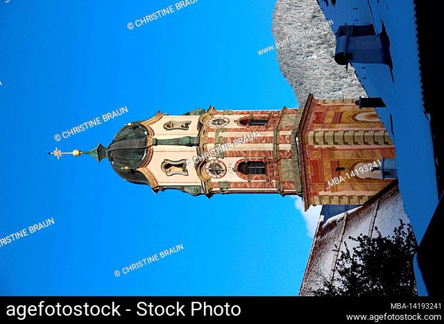 Church tower of the Church of St. Peter and Paul, Europe, Germany, Bavaria, Upper Bavaria, Werdenfels, winter, Karwendel Mountains, church