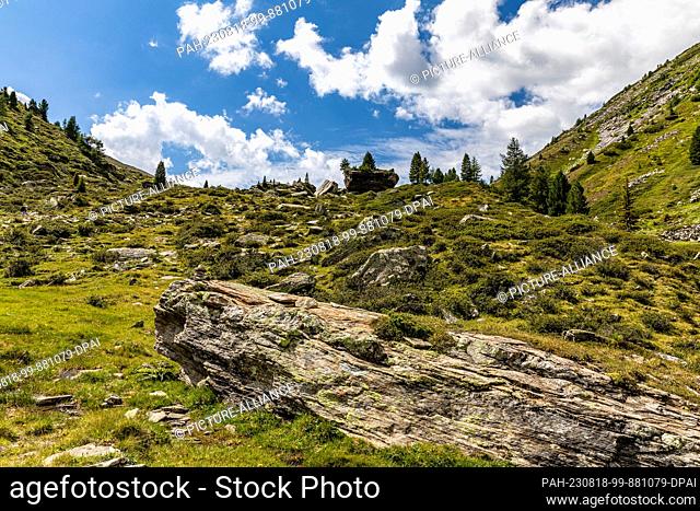 17 August 2023, Austria, -: Boulders lie along a hiking trail between Tyrol (Austria) and South Tyrol (Italy). The Alpine region is popular with many...
