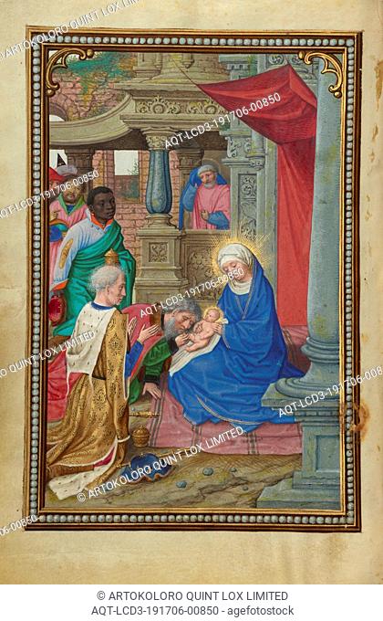 The Adoration of the Magi, Simon Bening (Flemish, about 1483 - 1561), Bruges, Belgium, about 1525 - 1530, Tempera colors, gold paint, and gold leaf on parchment