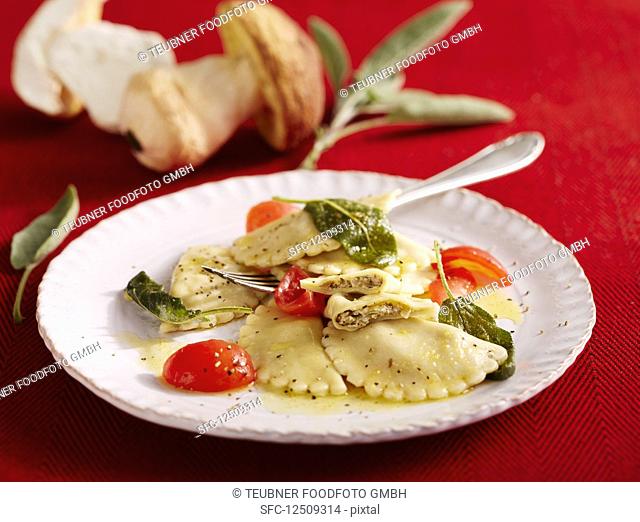 Porcini mushroom ravioli with sage butter and cherry tomatoes