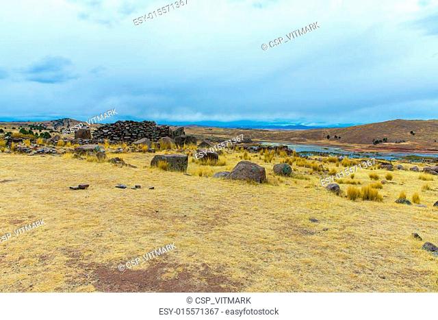 Funerary towers in Sillustani, Peru, South America- Inca prehistoric ruins near Puno, Titicaca lake area