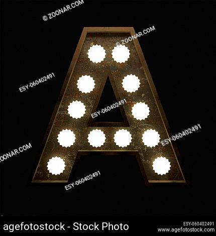 Metal letter A with small lamps on a dark background, 3d rendering