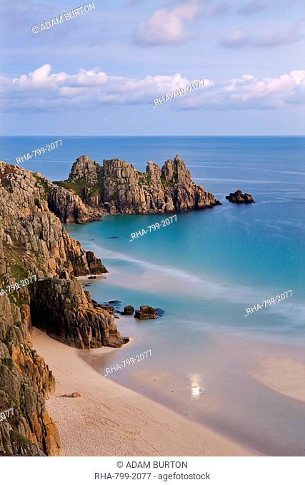Pednvounder Beach and Logan Rock from the clifftops near Treen, Porthcurno, Cornwall, England, United Kingdom, Europe