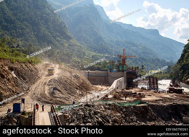 Bhulbhule, Nepal - October 23, 2014: Construction site of the Upper Marsyangdi Hydropower Project in the Annapurna Region