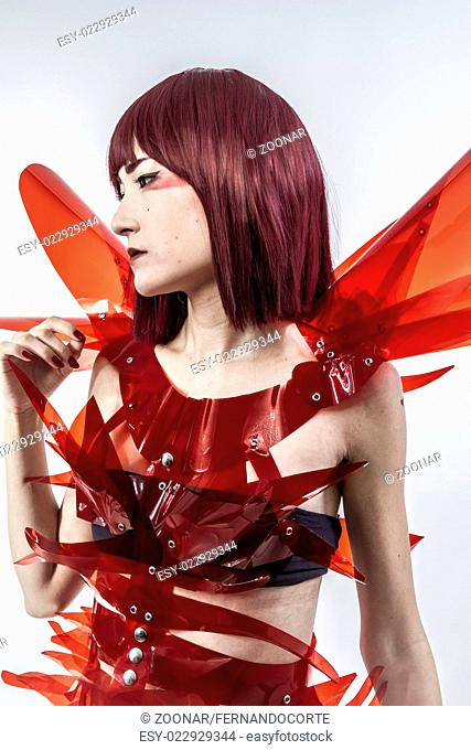 Droid, Japanese woman in costume of red plastic, modern and future concept