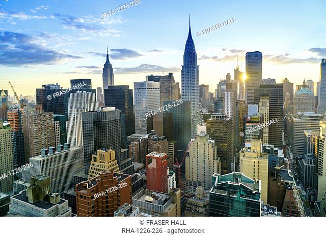 Manhattan skyline, Empire State Building and Chrysler Building at sunset, New York City, United States of America, North America