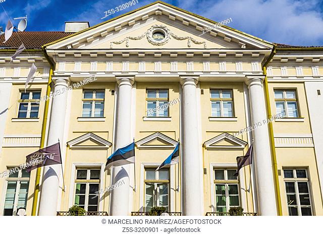 Neoclassical facades of buildings in the Town Hall Square. Tartu, Tartu County, Estonia, Baltic states, Europe