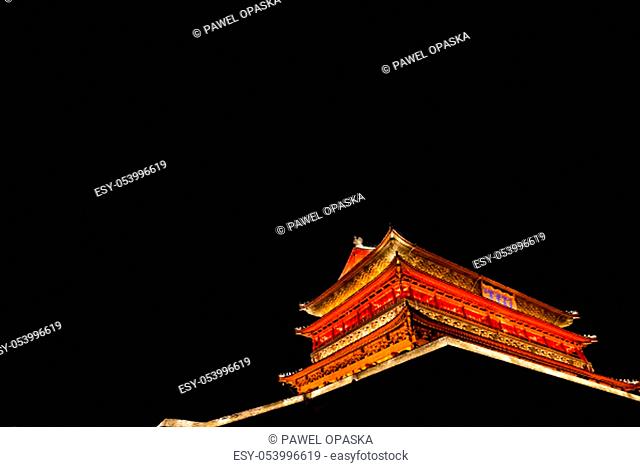 Xian, China - July 2019 : Xian Bell Drum Tower beautifully lit and illuminated at night, Shaaxi Province