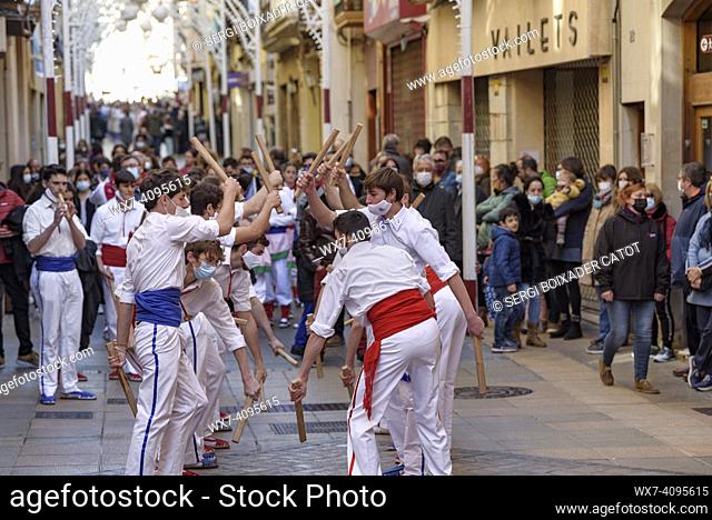 Ball de bastons (stick dance) of Montblanc at the 2022 Valls Decennial Festival, in honor of the Virgin of the Candlemas in Valls (Tarragona, Catalonia, Spain)