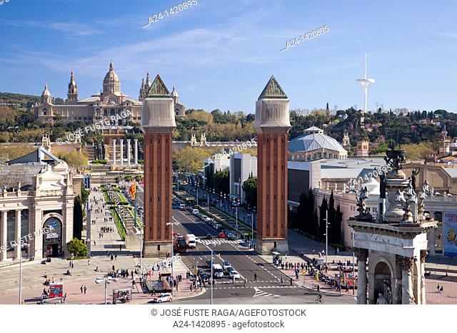 Spain, Catalonia, Barcelona, Plaça d'Espanya, Montjuich Palace, National Museum, Venetian Towers, Calatrava tower