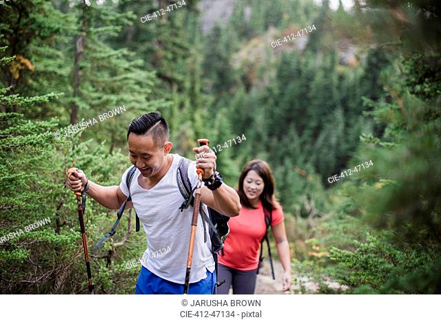 Couple hiking in woods