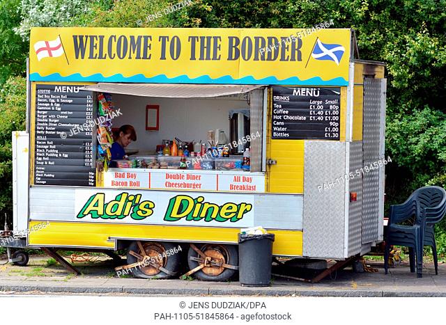 A snack stand with a sign reading ""Weclome to the Border"" at the English-Scottish border near Berwick-upon-Tweed, Britain, 11 July 2014